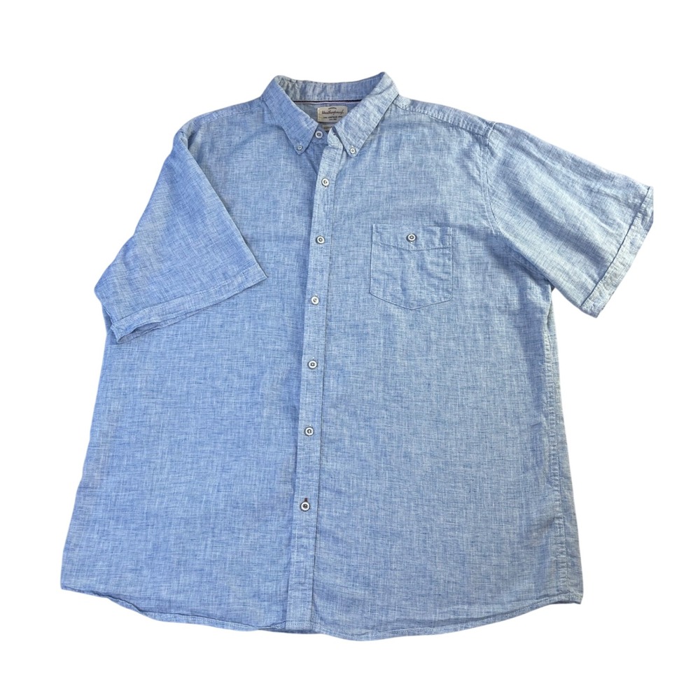 Linen Blend XXL Blue White Stripe Short Sleeve Button Down Shirt Resortwear